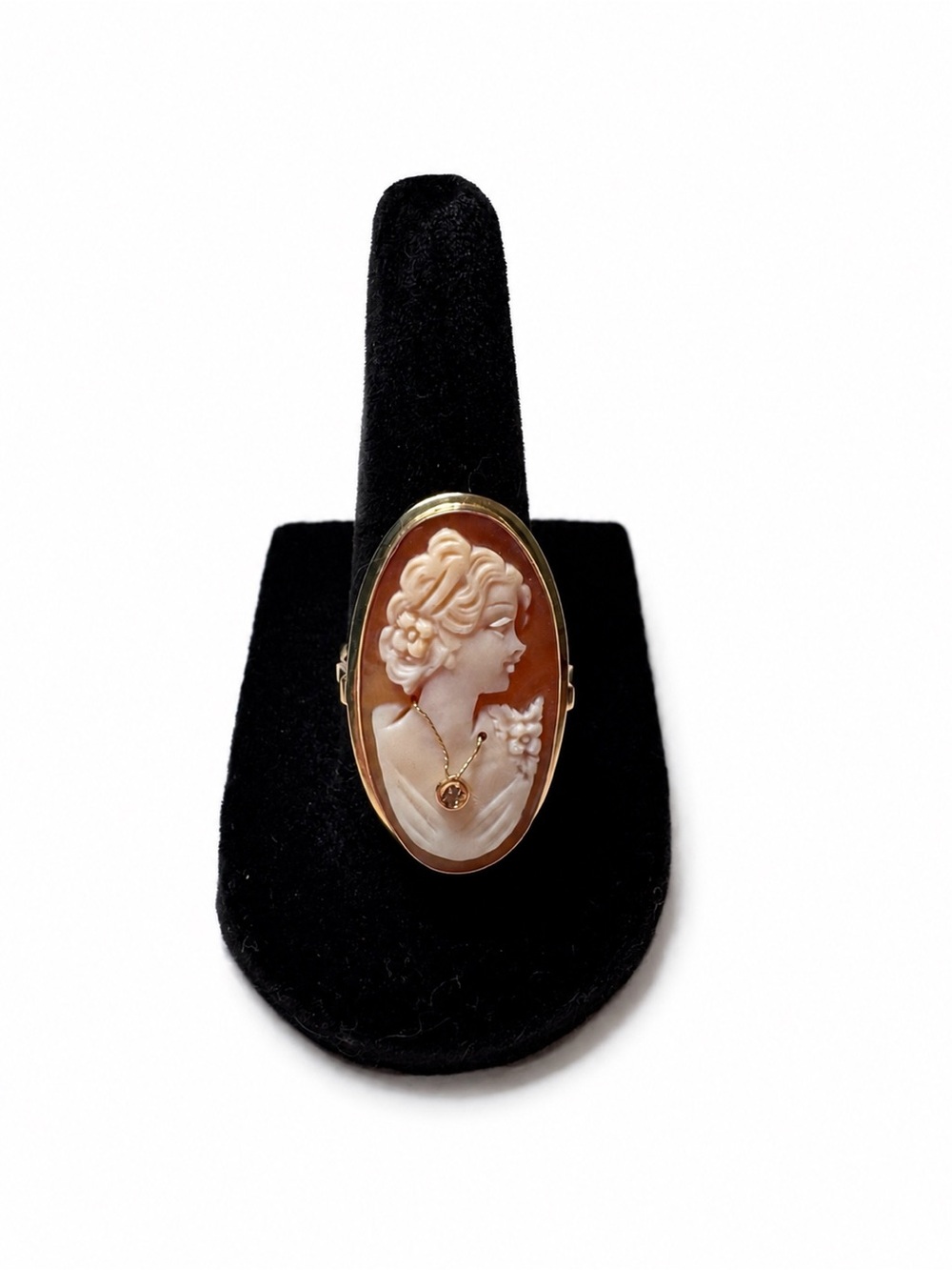 Antique 14K Gold Habillé Shell Cameo Ring – Diamond Necklace Detail 4.59g Size 8